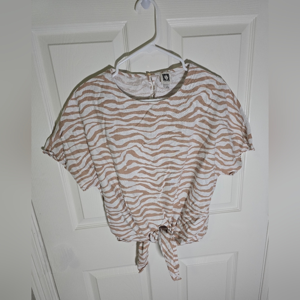 Anne Klein Womens Animal Print Knot Crop Linen Top Small